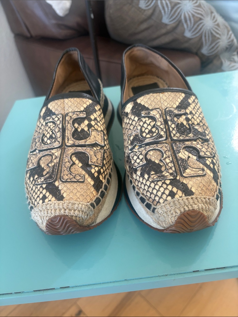 Tory Burch Beige and Black Snake-Print Slip-On Leather Espadrilles